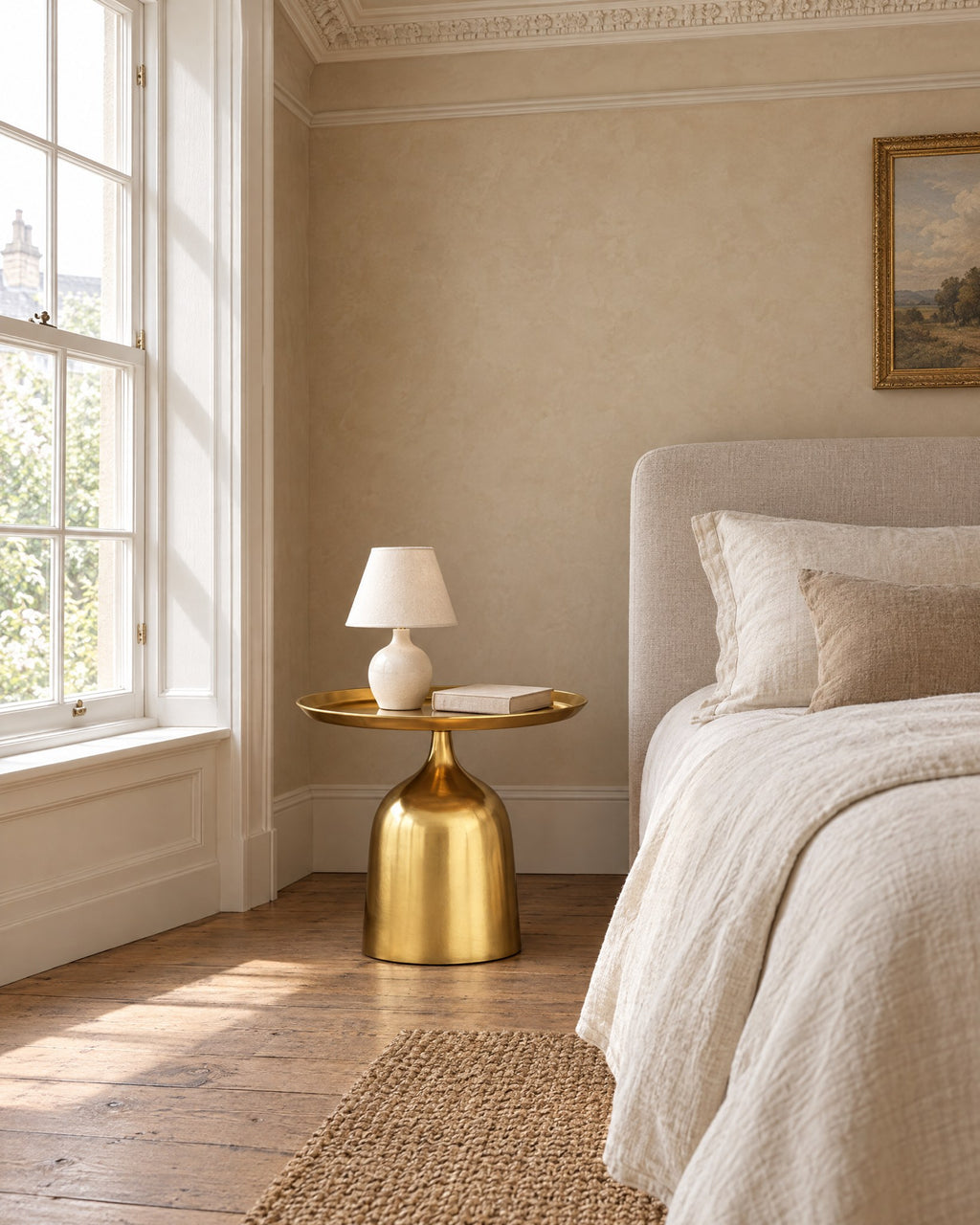 Gold metal round bedside table beside a linen bed in a British bedroom with a sash window