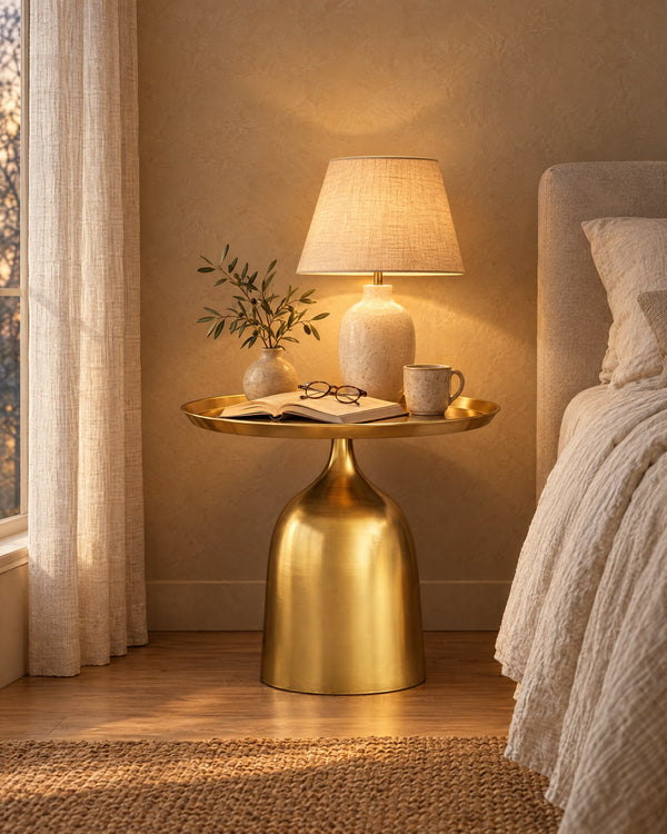 Gold Metal Round Bedside Table with Bell Base
