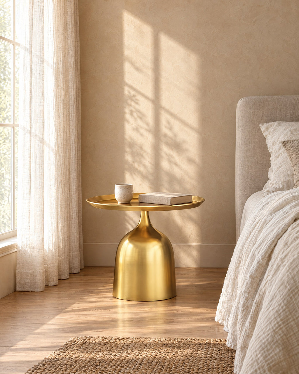 Gold metal round bedside table in warm morning light