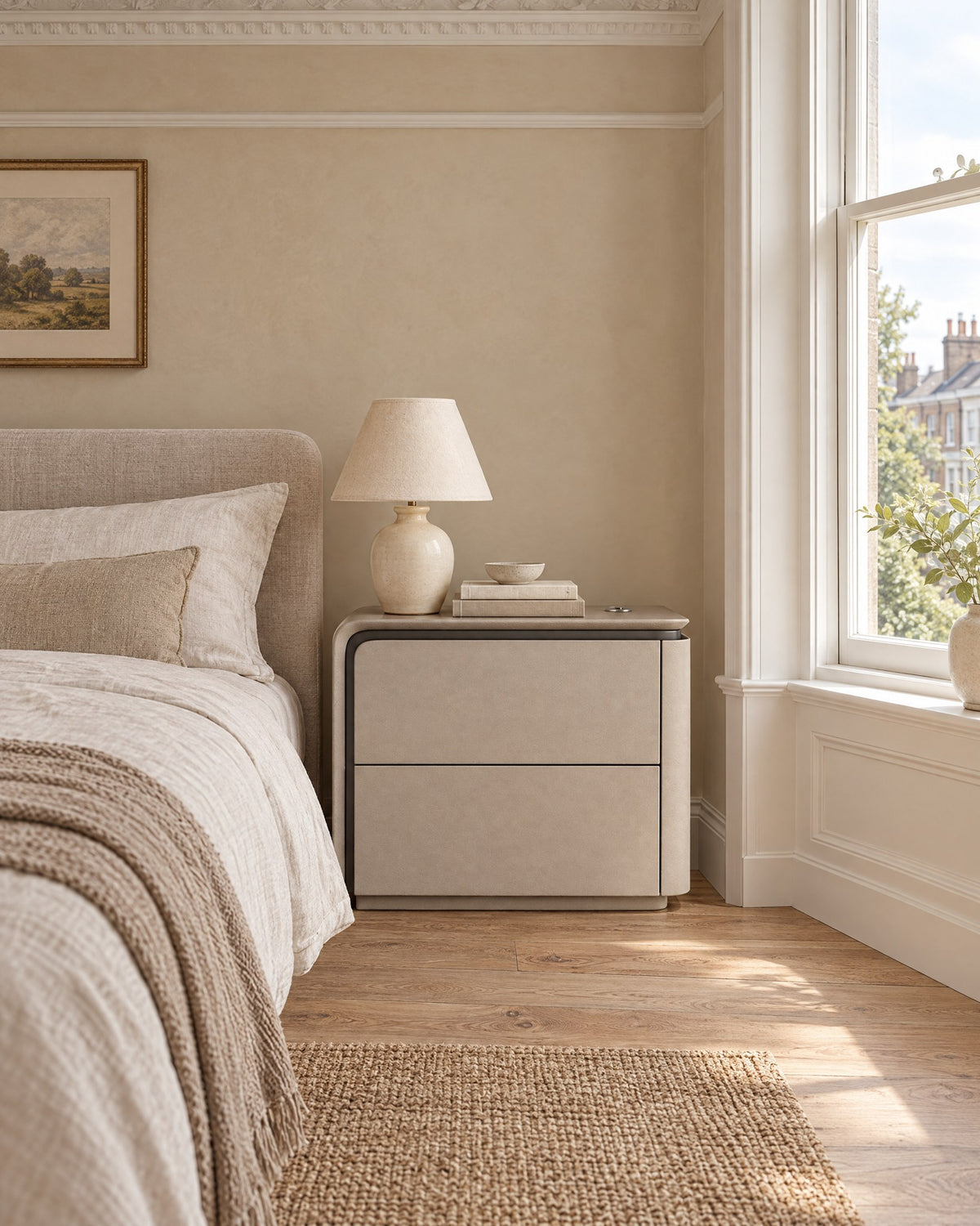 Greige two-drawer bedside table beside a linen bed in a British bedroom with a sash window