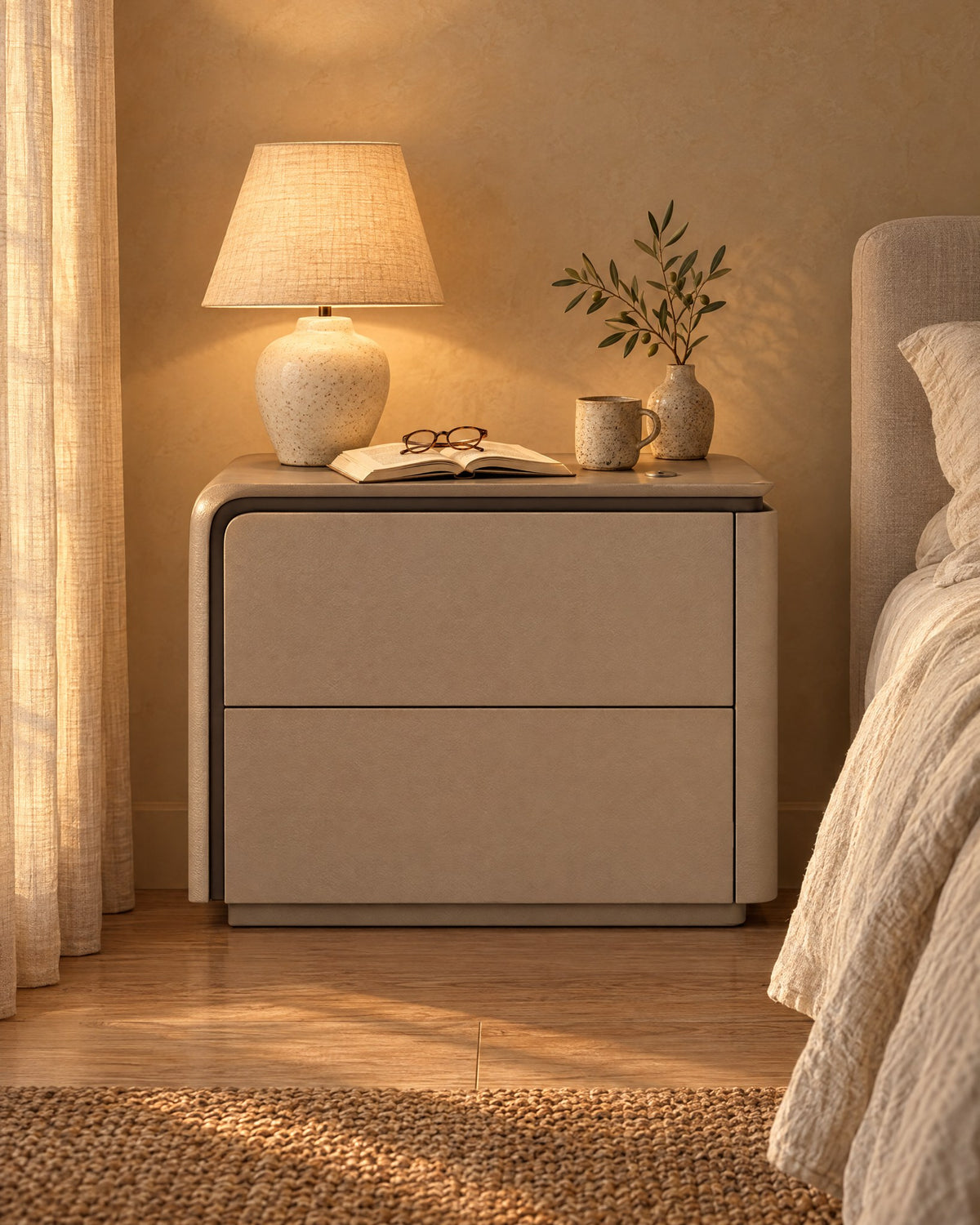 Greige bedside table with two drawers, a lamp switched on and an open book in the evening
