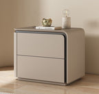 Greige bedside table with two drawers and a wrap-around frame