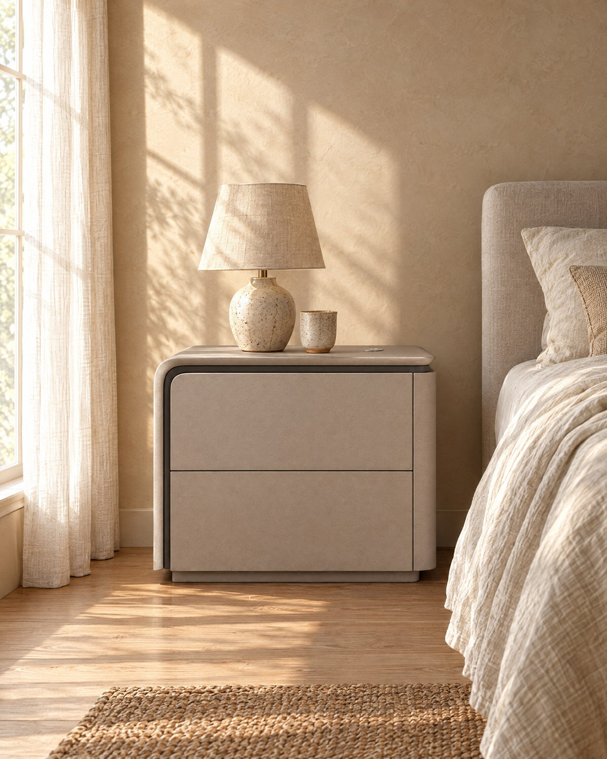Greige bedside table with a wrap-around frame and a ceramic lamp in morning light