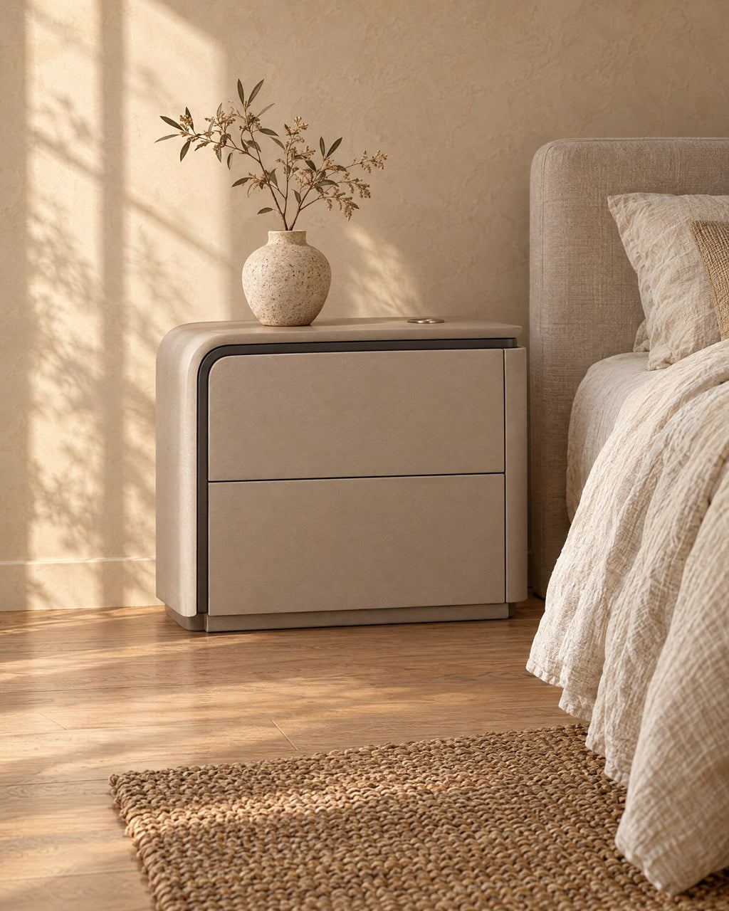 Three-quarter view of the greige bedside table showing its curved shell