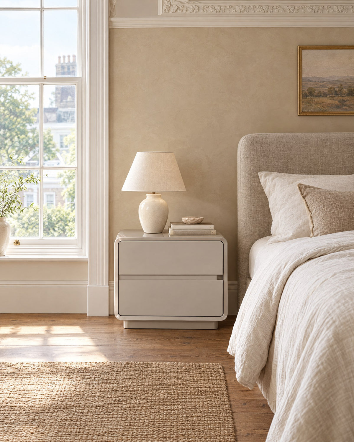 Greige lacquered two-drawer bedside table beside a linen bed in a British bedroom with a sash window