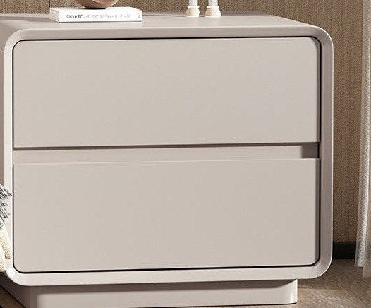 Front of the greige lacquered bedside table with its two inset drawers