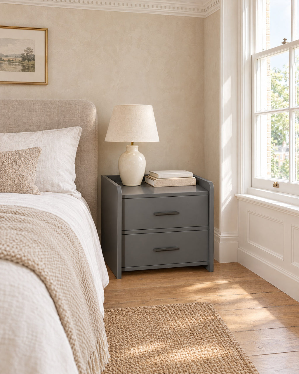 Compact grey bedside table beside a linen bed in a British bedroom with a sash window