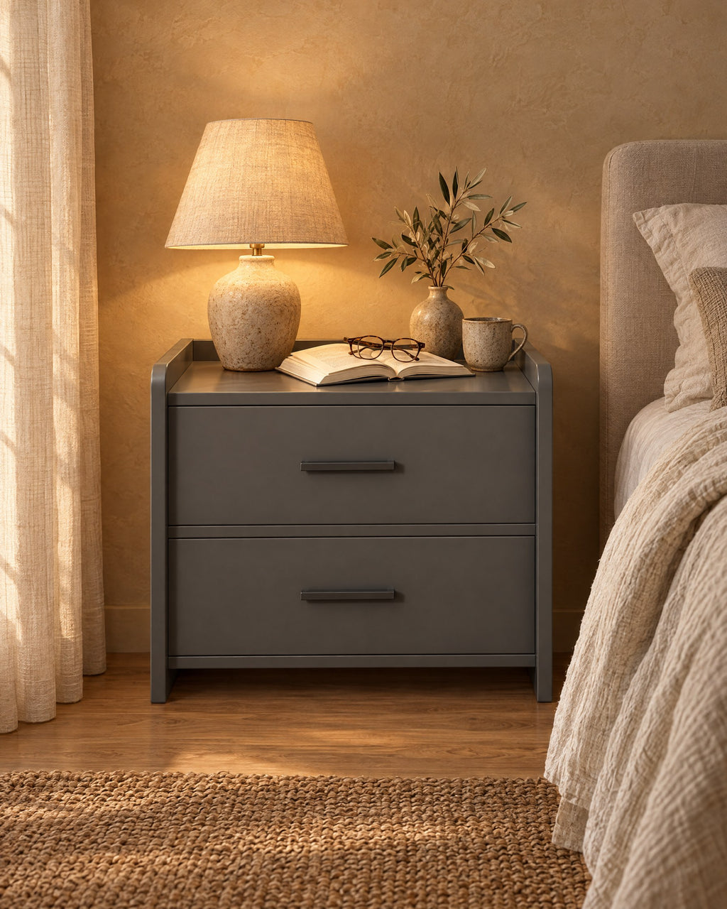 Grey bedside table with two drawers and bar handles, lamp switched on and an open book in the evening