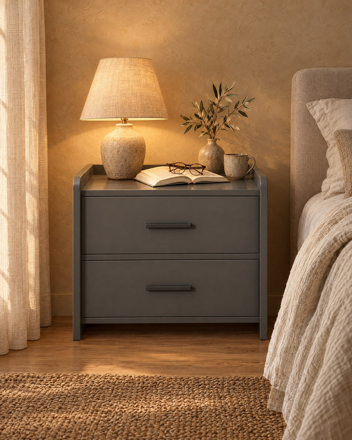 Grey bedside table with two drawers and bar handles, lamp switched on and an open book in the evening
