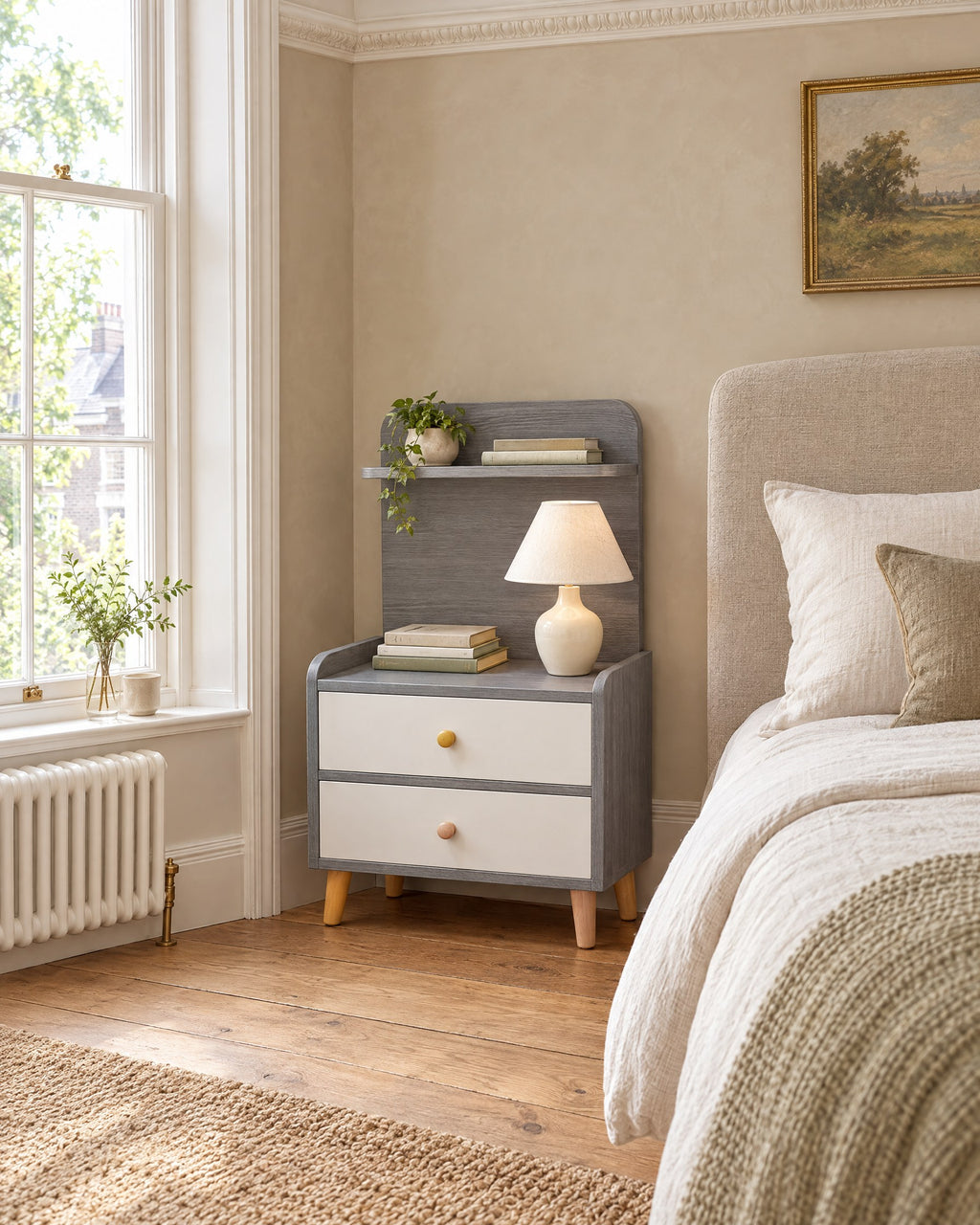 Grey bedside table with a shelf unit beside a linen bed in a bright British bedroom with a sash window