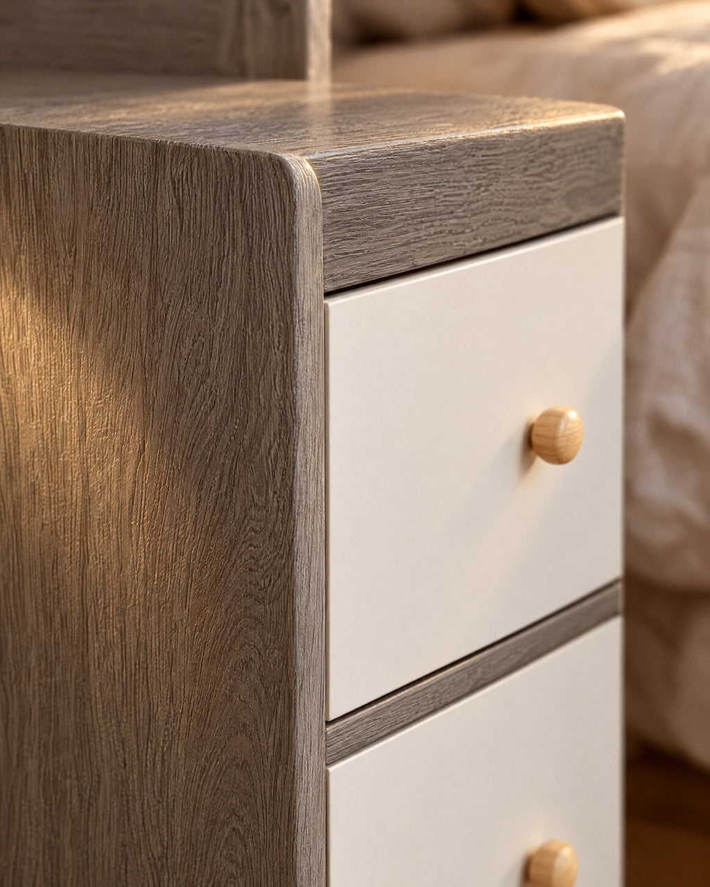 Close-up detail of the grey bedside table with two white drawers and a raised shelf