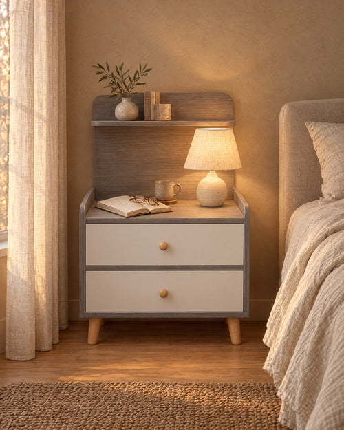 Grey bedside table with two white drawers and a raised shelf, lamp switched on and an open book in the evening