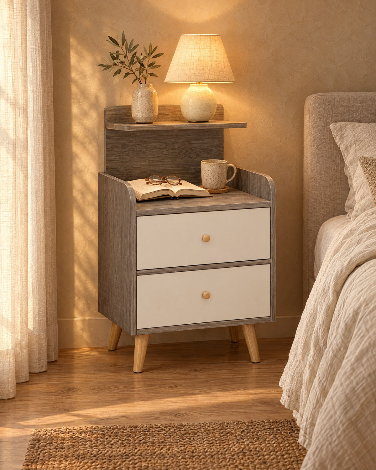 Grey bedside table with two white drawers and a raised shelf with a lamp switched on and an open book in the evening