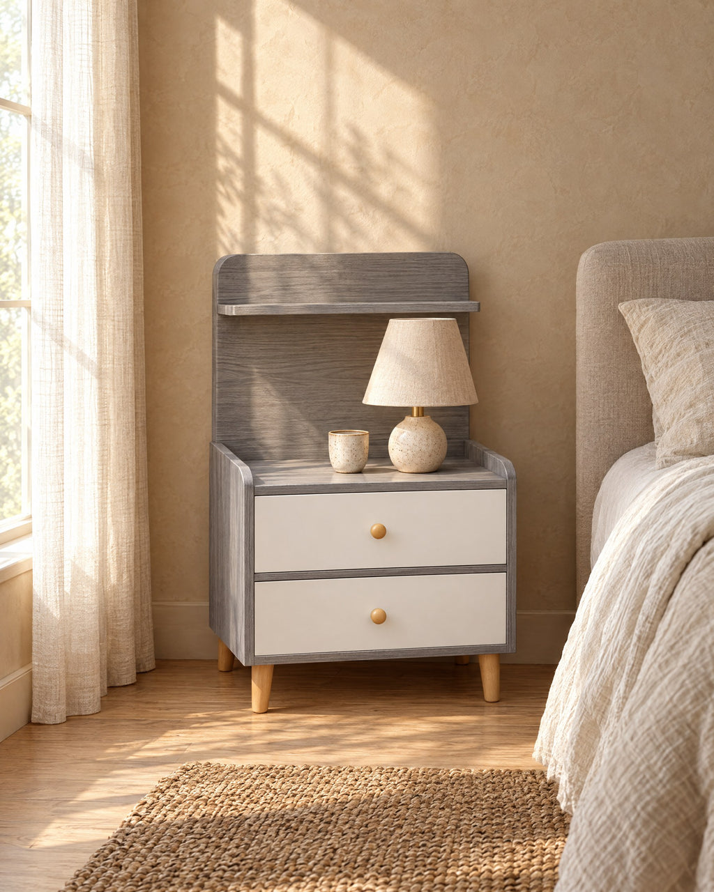 Grey and white bedside table with a ceramic lamp in morning light