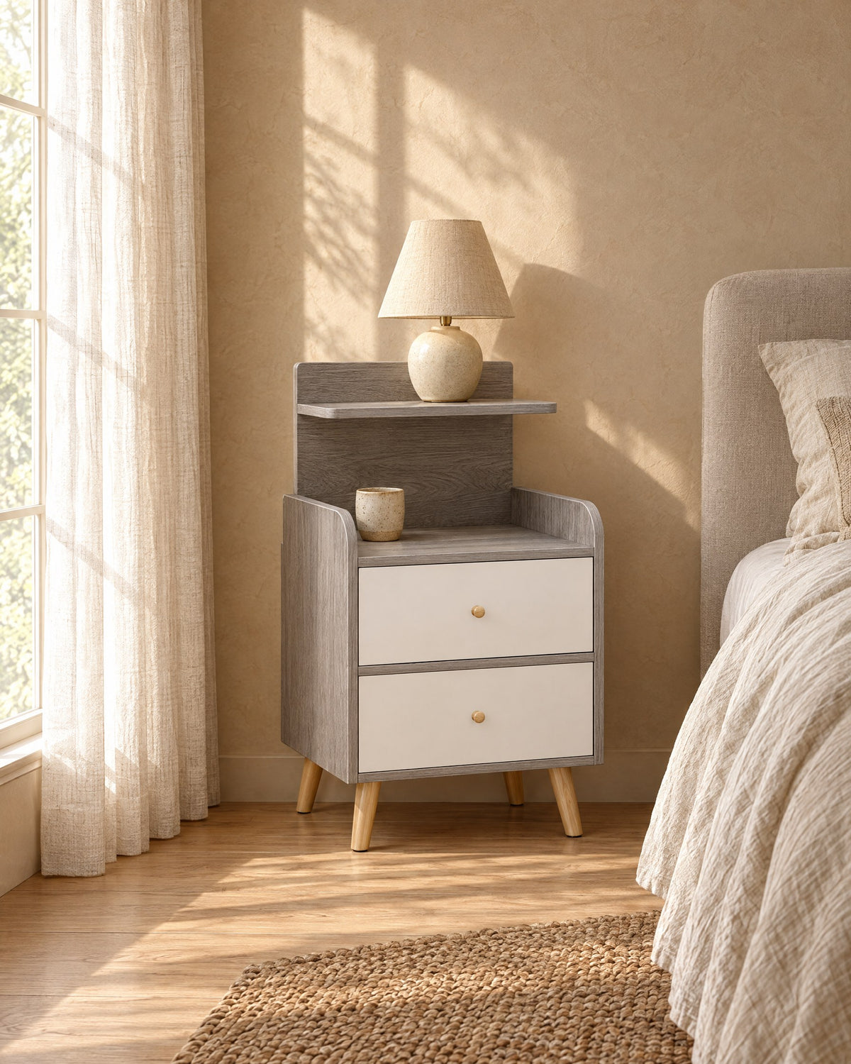Grey bedside table with two white drawers and a raised shelf with a ceramic lamp in morning light