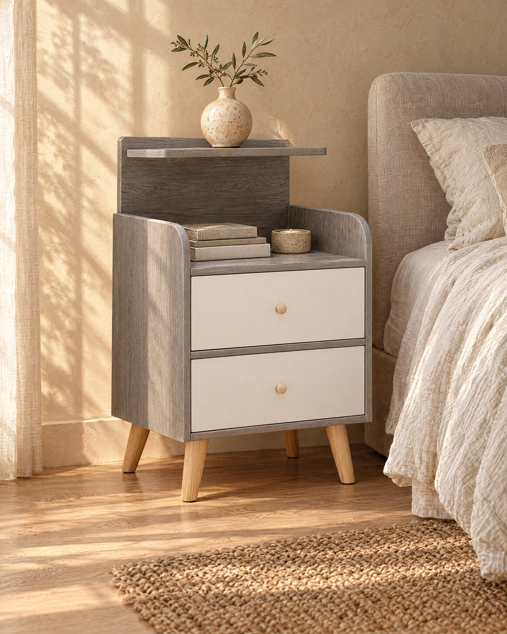 Three-quarter view of the grey bedside table with two white drawers and a raised shelf
