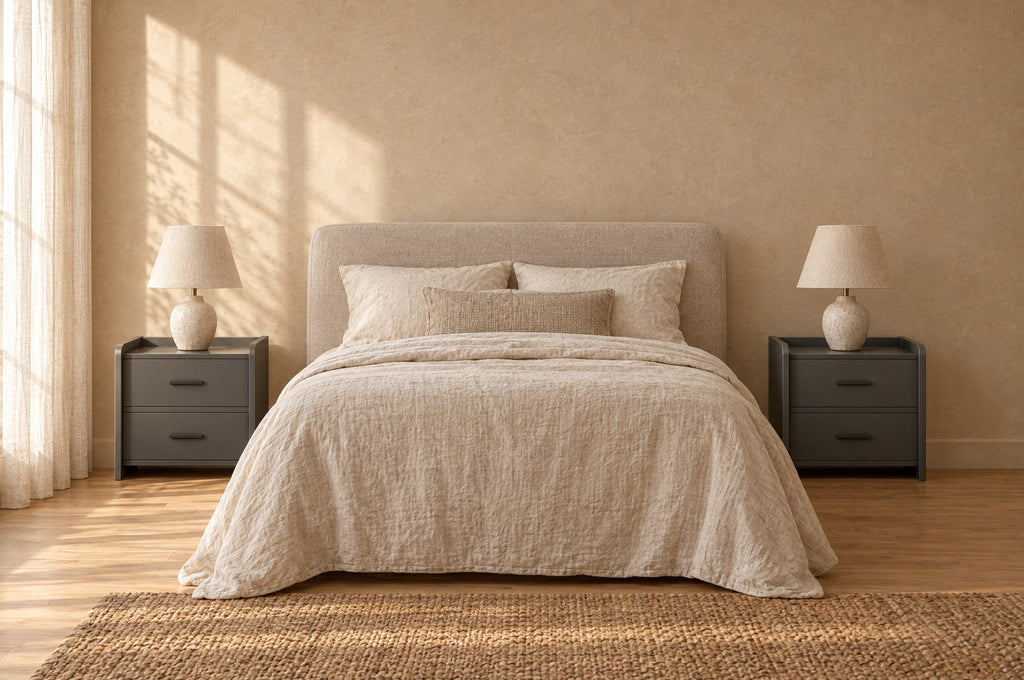 Pair of grey bedside tables on each side of a double bed