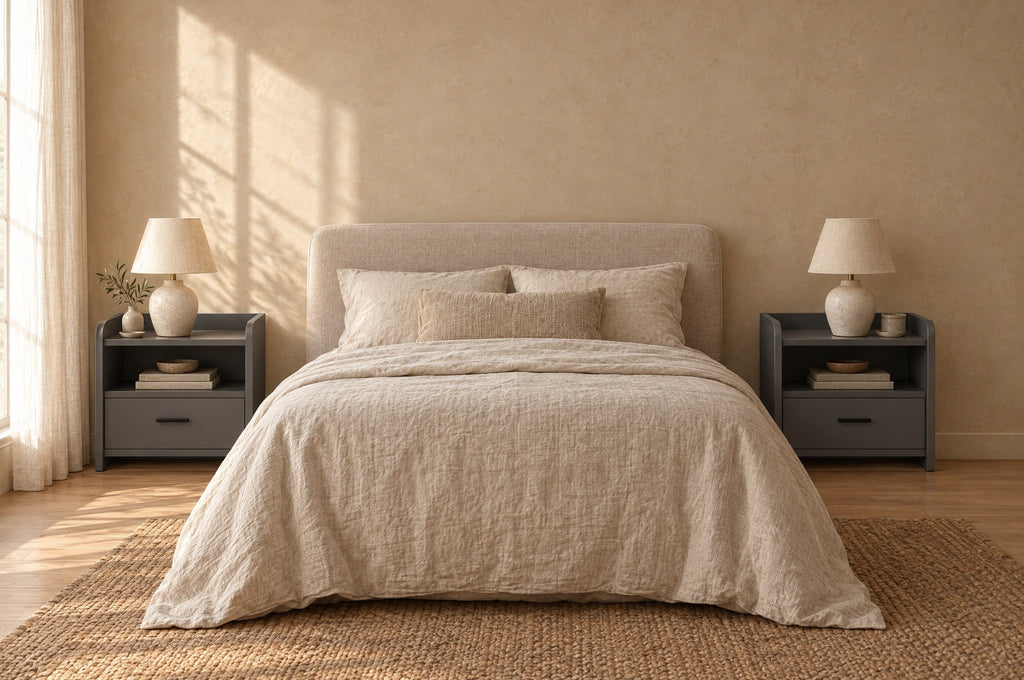 Pair of grey bedside tables with an open shelf and one drawer on each side of a double bed