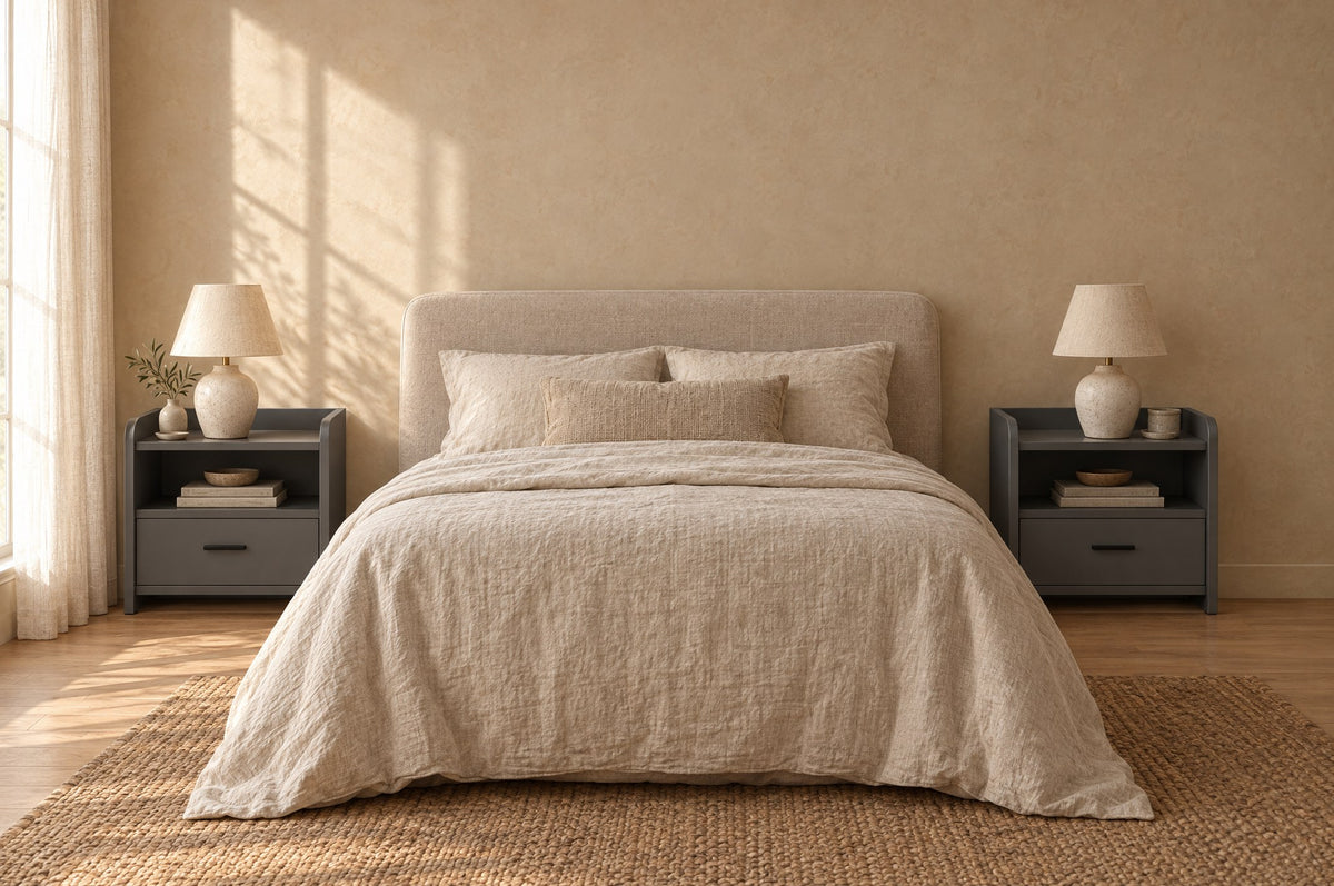 Pair of grey bedside tables with an open shelf and one drawer on each side of a double bed