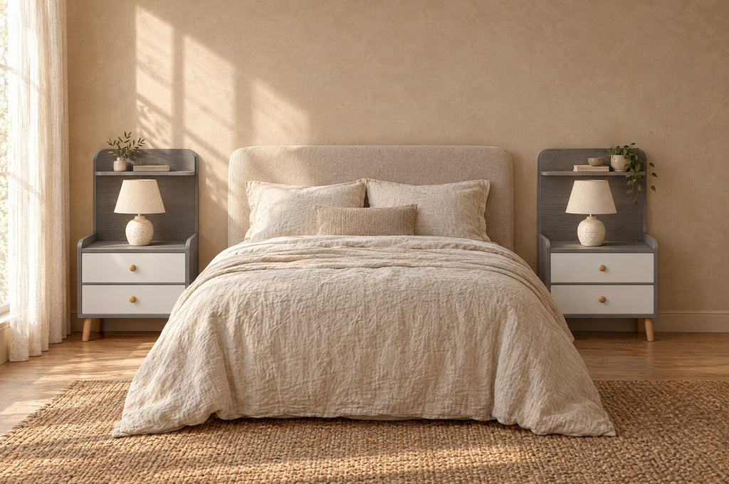 Pair of grey bedside tables with shelves on each side of a double bed