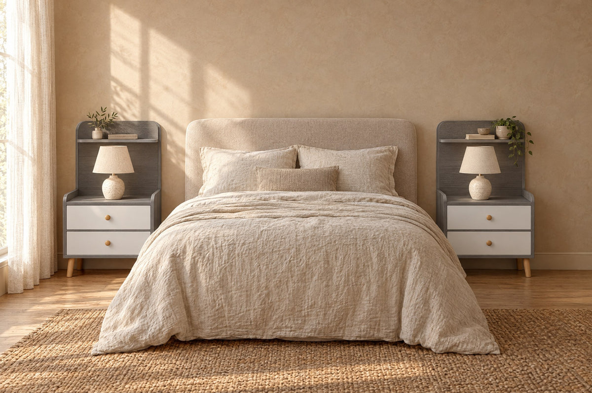 Pair of grey bedside tables with shelves on each side of a double bed