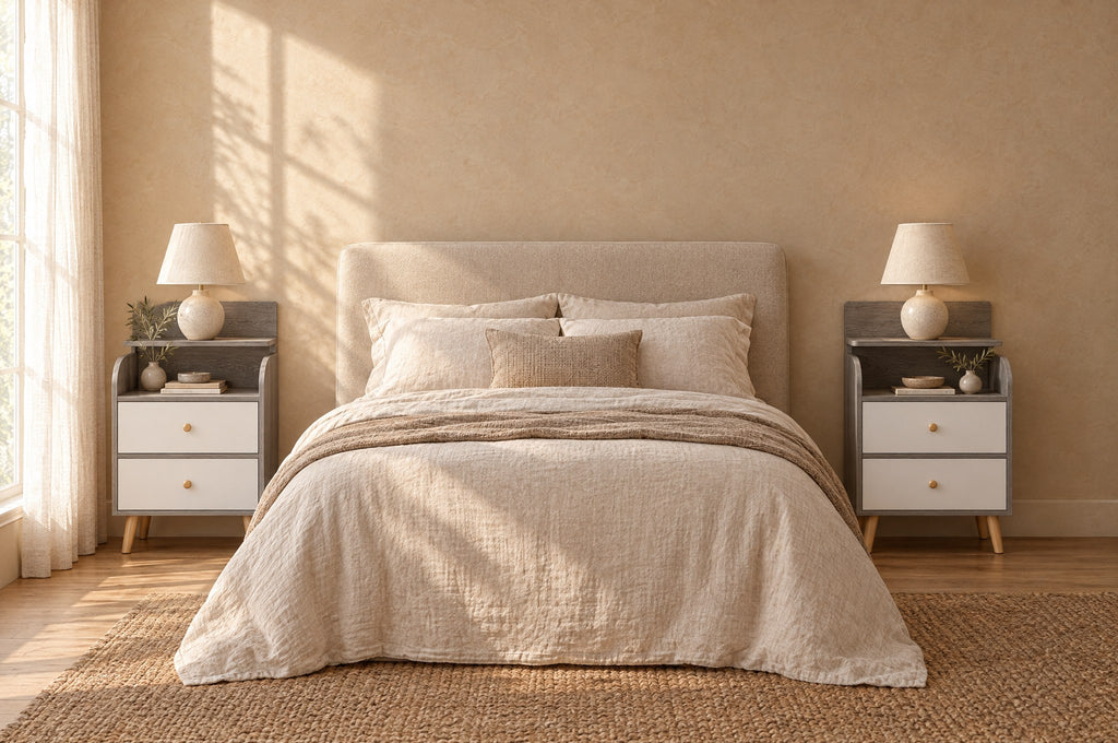 Pair of grey bedside tables with two white drawers and a raised shelf on each side of a double bed