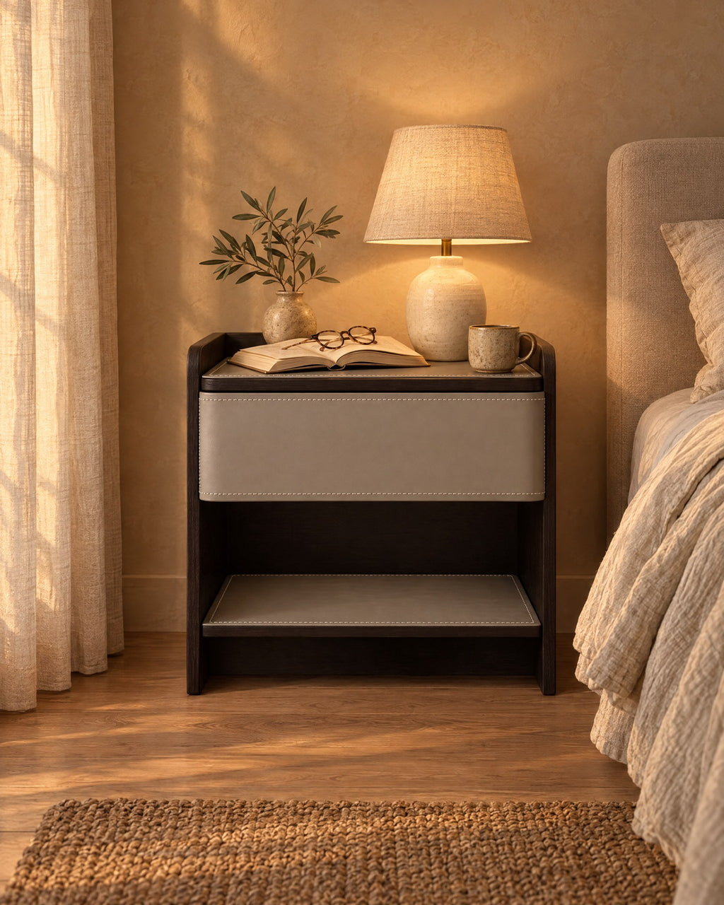 Grey and espresso bedside table with a lamp switched on and an open book in the evening
