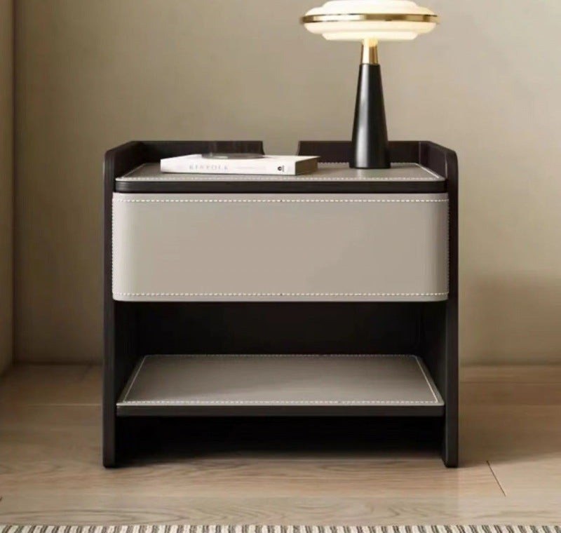 Grey and espresso bedside table with a stitched drawer and open shelf