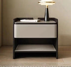 Grey and espresso bedside table with a stitched drawer and open shelf