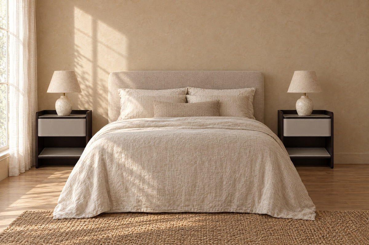 Pair of grey and espresso bedside tables on each side of a double bed