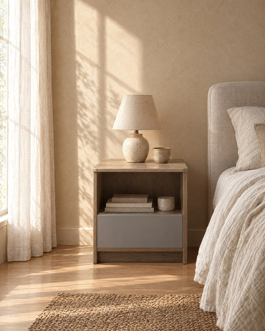 Grey oak bedside table with a ceramic lamp in morning light