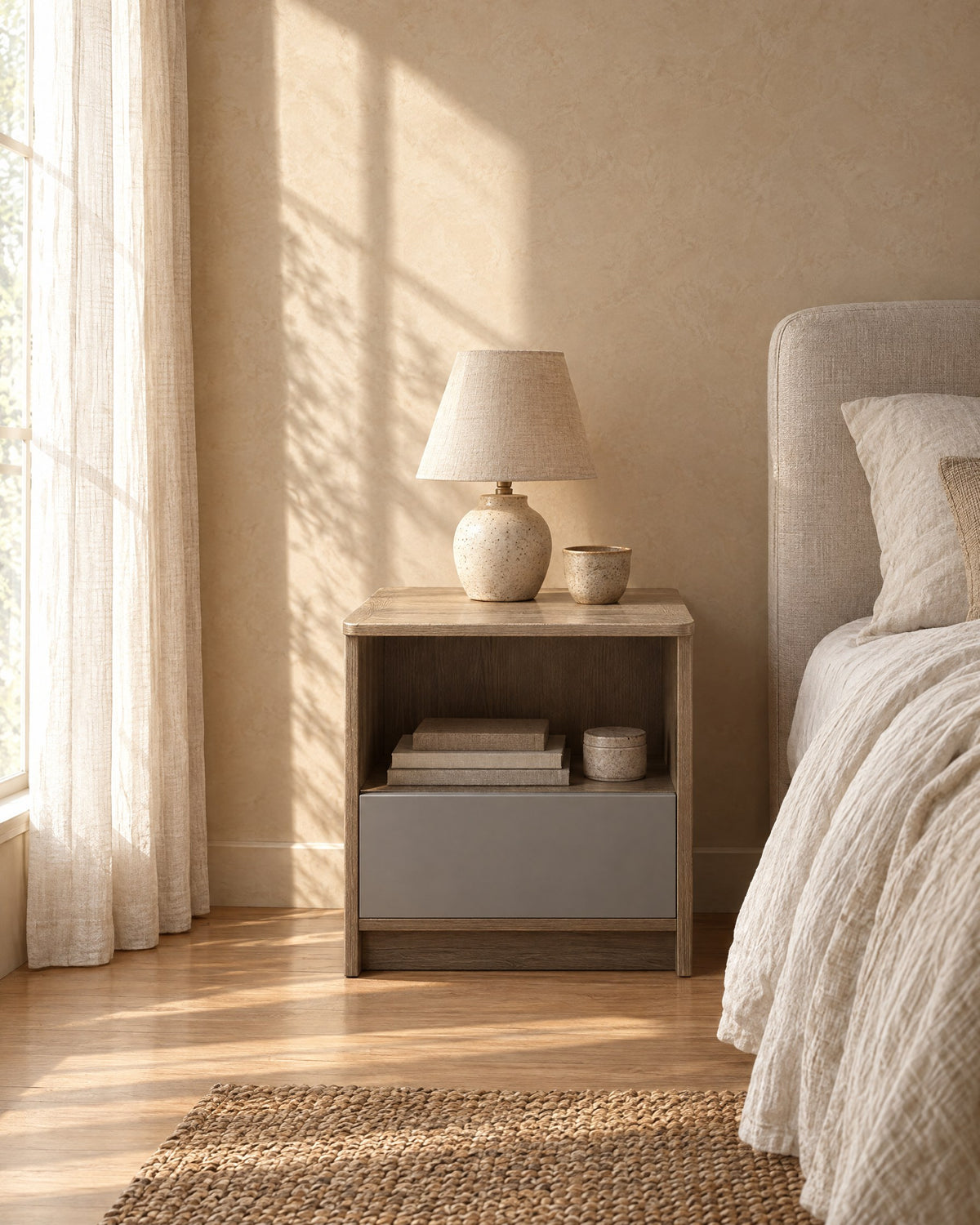 Grey oak bedside table with a ceramic lamp in morning light