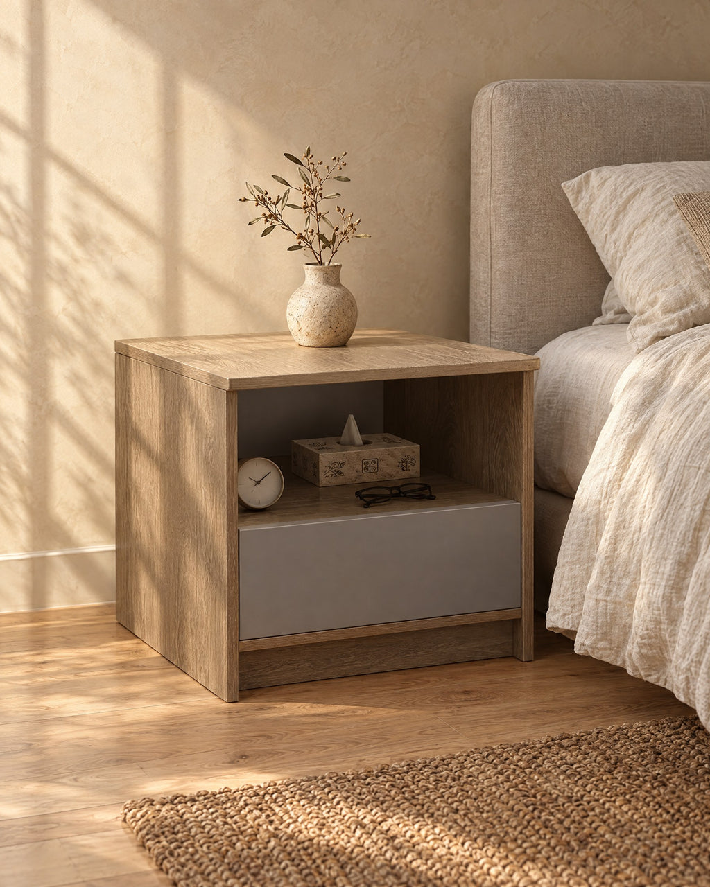 Three-quarter view of the grey oak bedside table showing the open niche and floor-standing sides