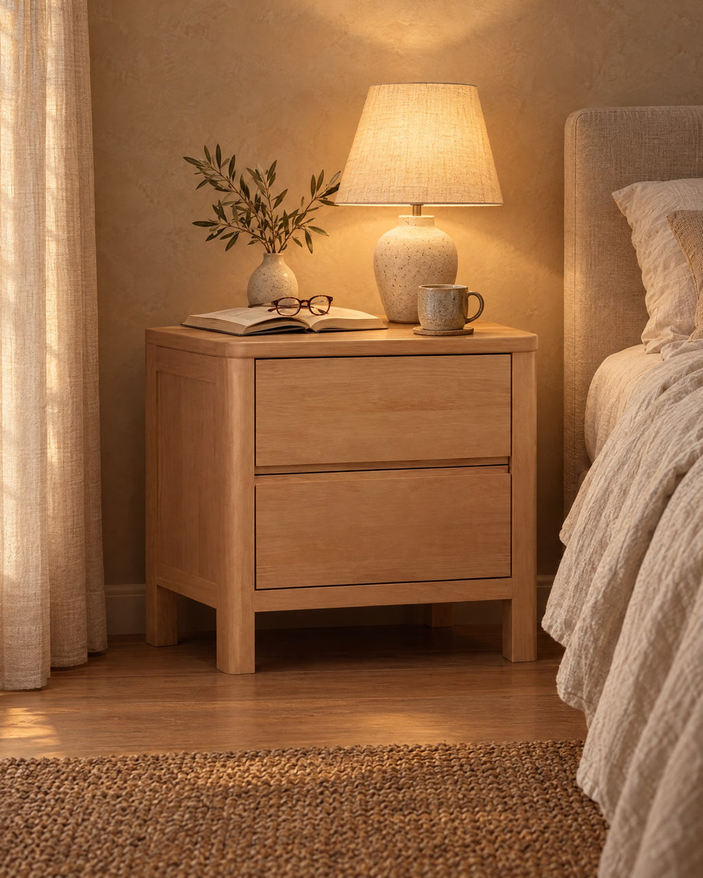 Honey wood bedside table with two drawers and square legs, a lamp switched on and an open book in the evening