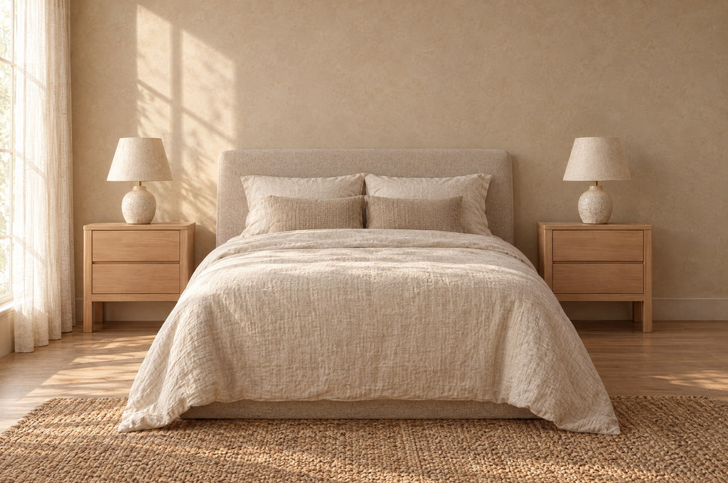 Two honey wood bedside tables with two drawers and square legs on each side of a double bed