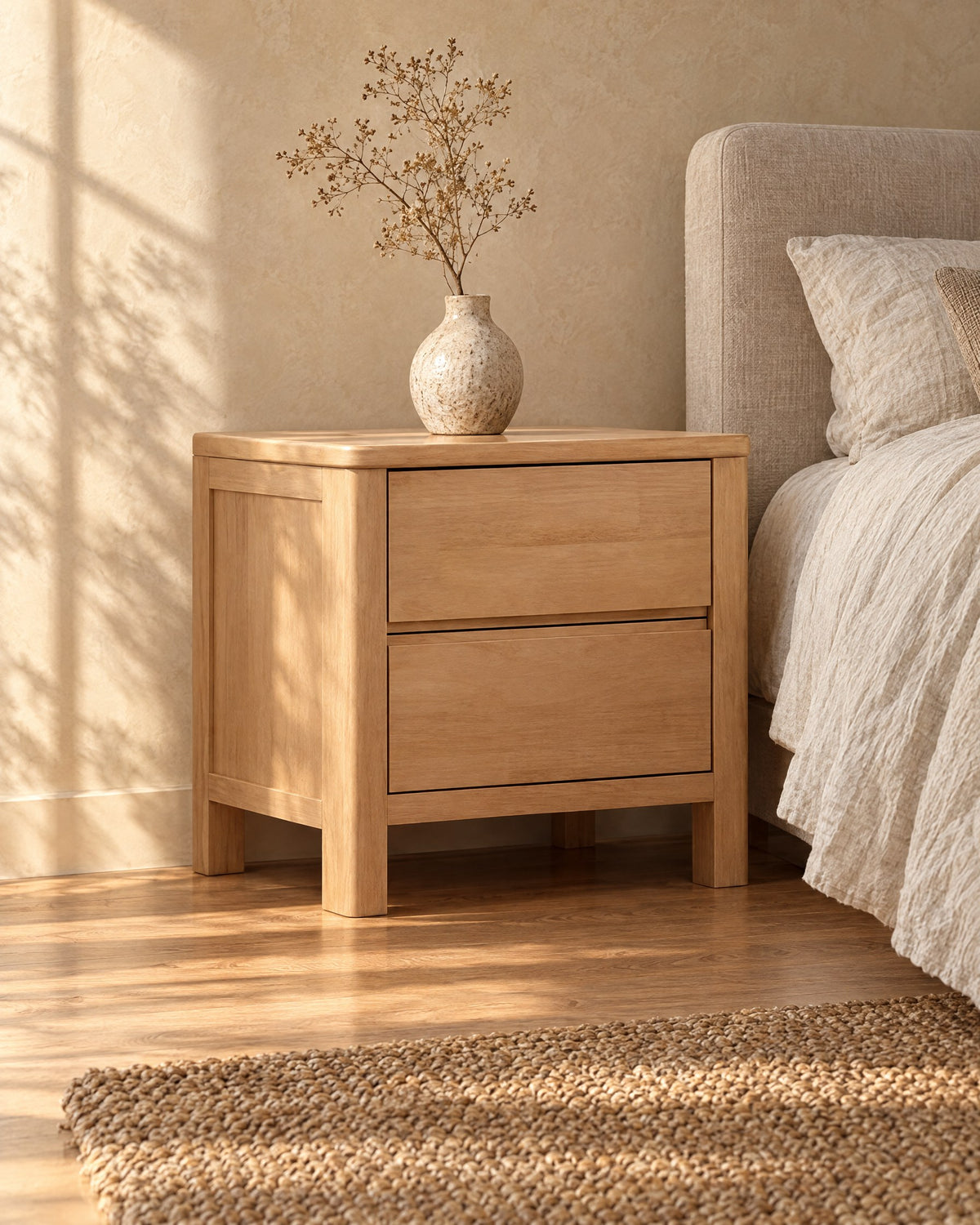 Three-quarter view of the honey wood bedside table with two drawers and square legs