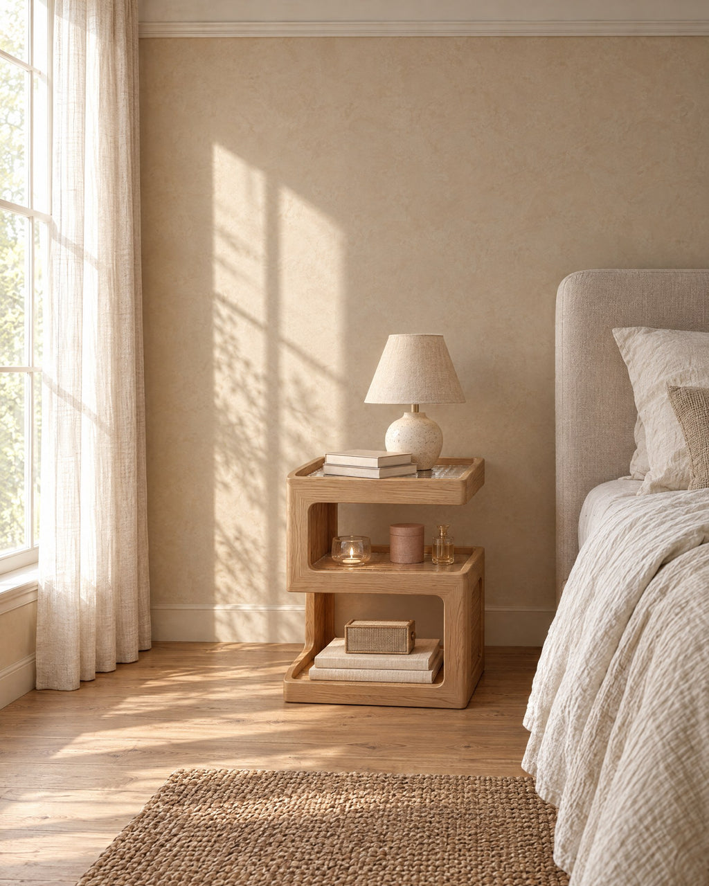 Light oak open bedside table with three levels beside a linen bed in a British bedroom with a sash window