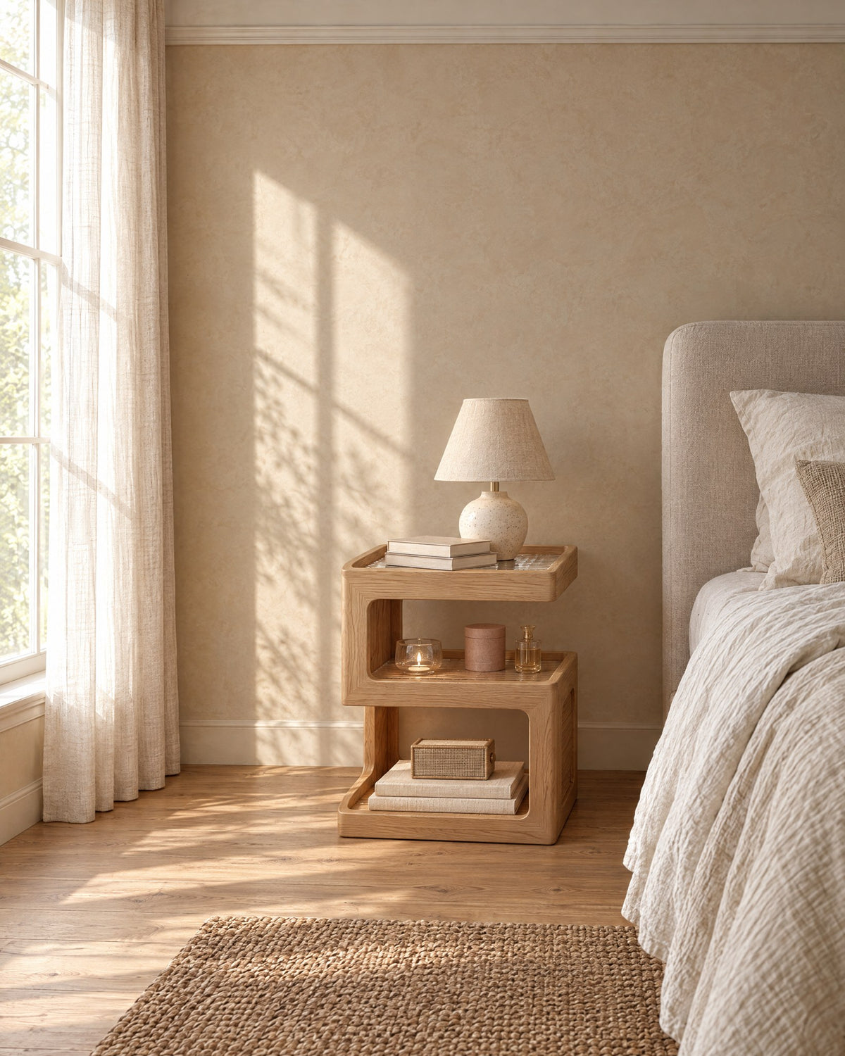 Light oak open bedside table with three levels beside a linen bed in a British bedroom with a sash window