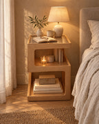 Light oak S-shaped bedside table with a lamp switched on and an open book on the glass top in the evening