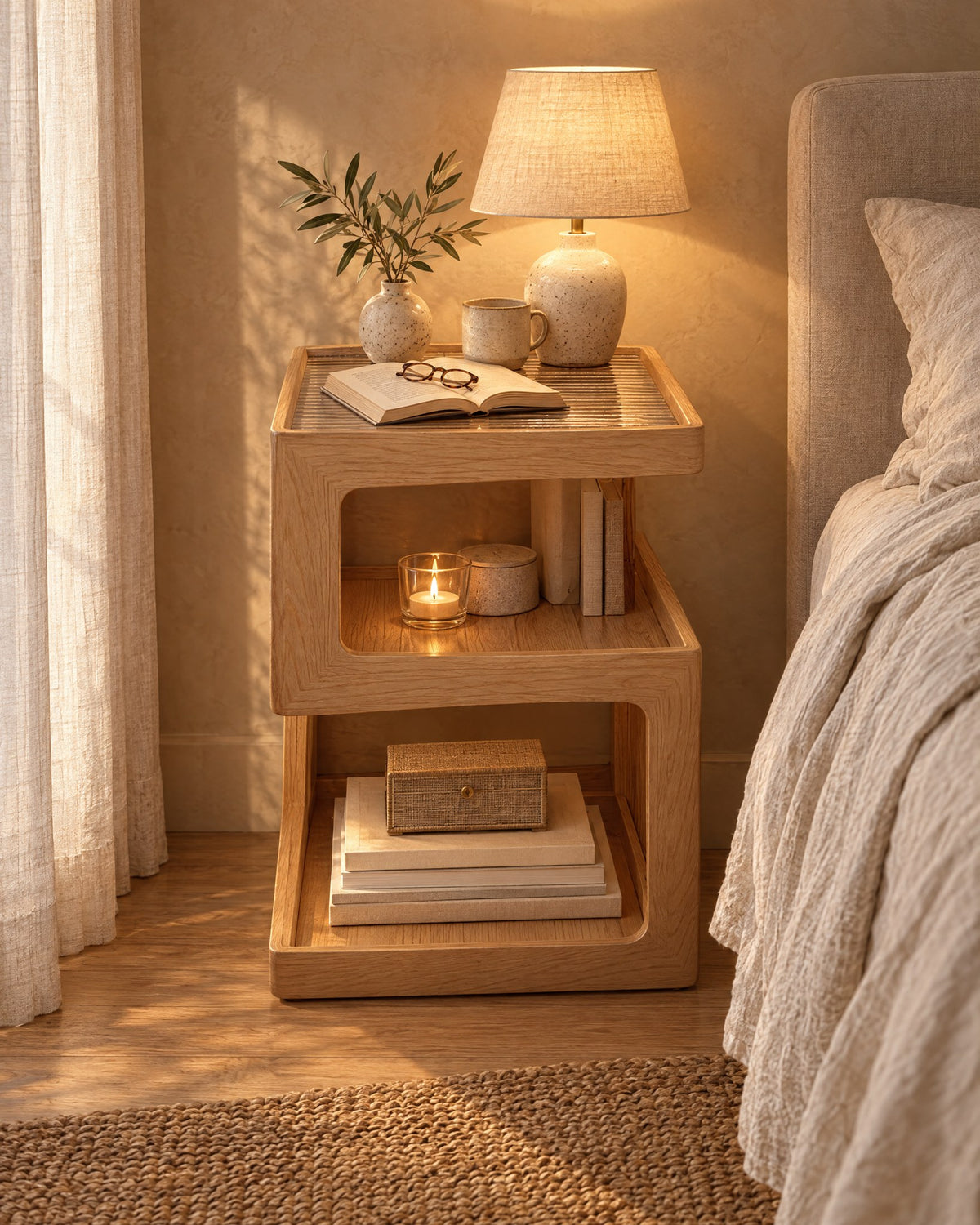 Light oak S-shaped bedside table with a lamp switched on and an open book on the glass top in the evening