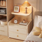 Light wood bedside table with two drawers and a floating shelf