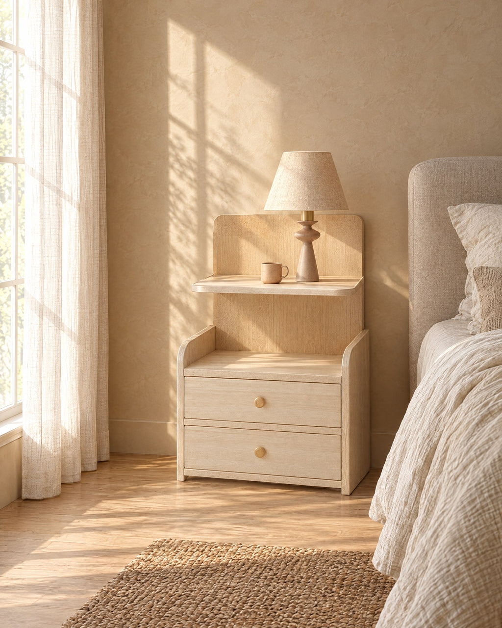 Pale wood bedside table with two drawers in morning light