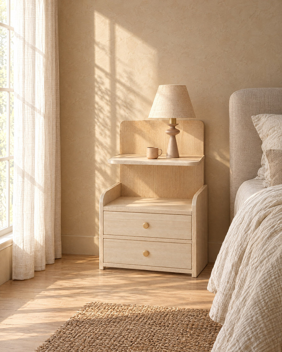 Pale wood bedside table with two drawers in morning light
