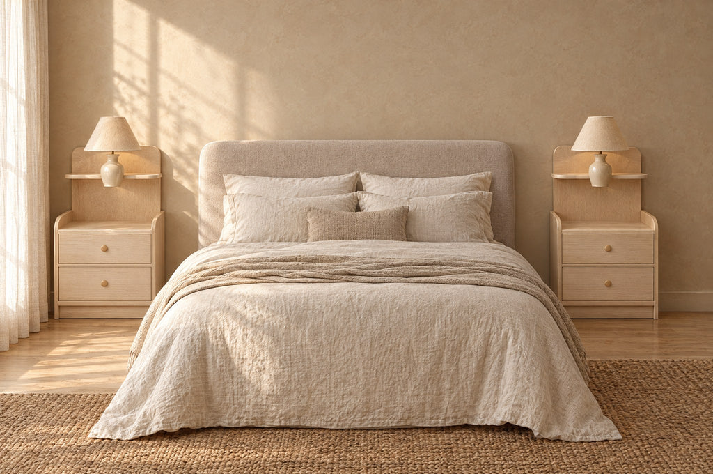 Pair of light wood bedside tables with floating shelves on each side of a double bed