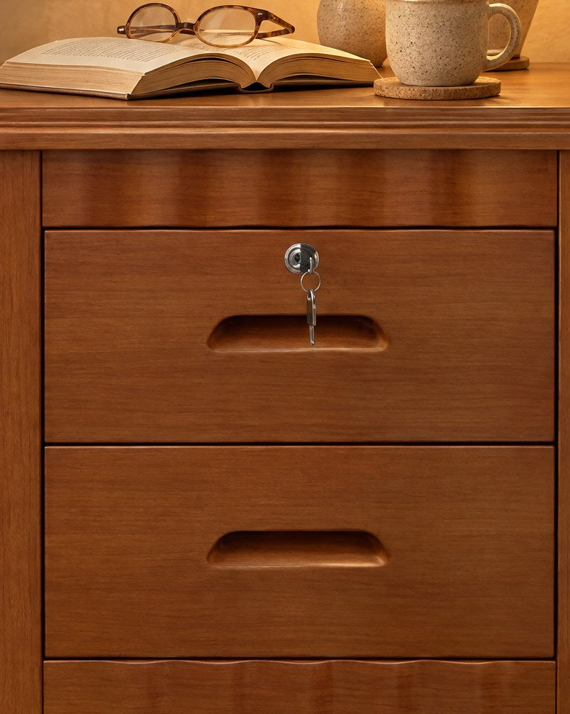 Close-up of the key lock and carved finger pull on the top drawer