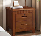Front view of the lockable brown wooden bedside table with two drawers and scalloped rails