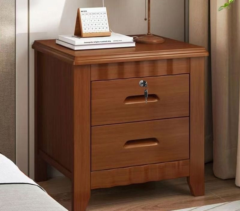 Front view of the lockable brown wooden bedside table with two drawers and scalloped rails