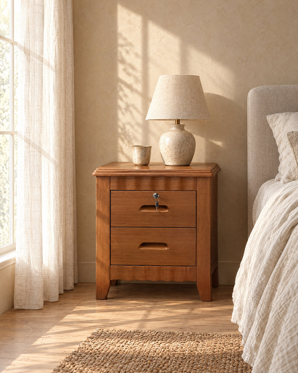 Lockable brown wooden bedside table with two drawers and scalloped rails with a ceramic lamp in morning light