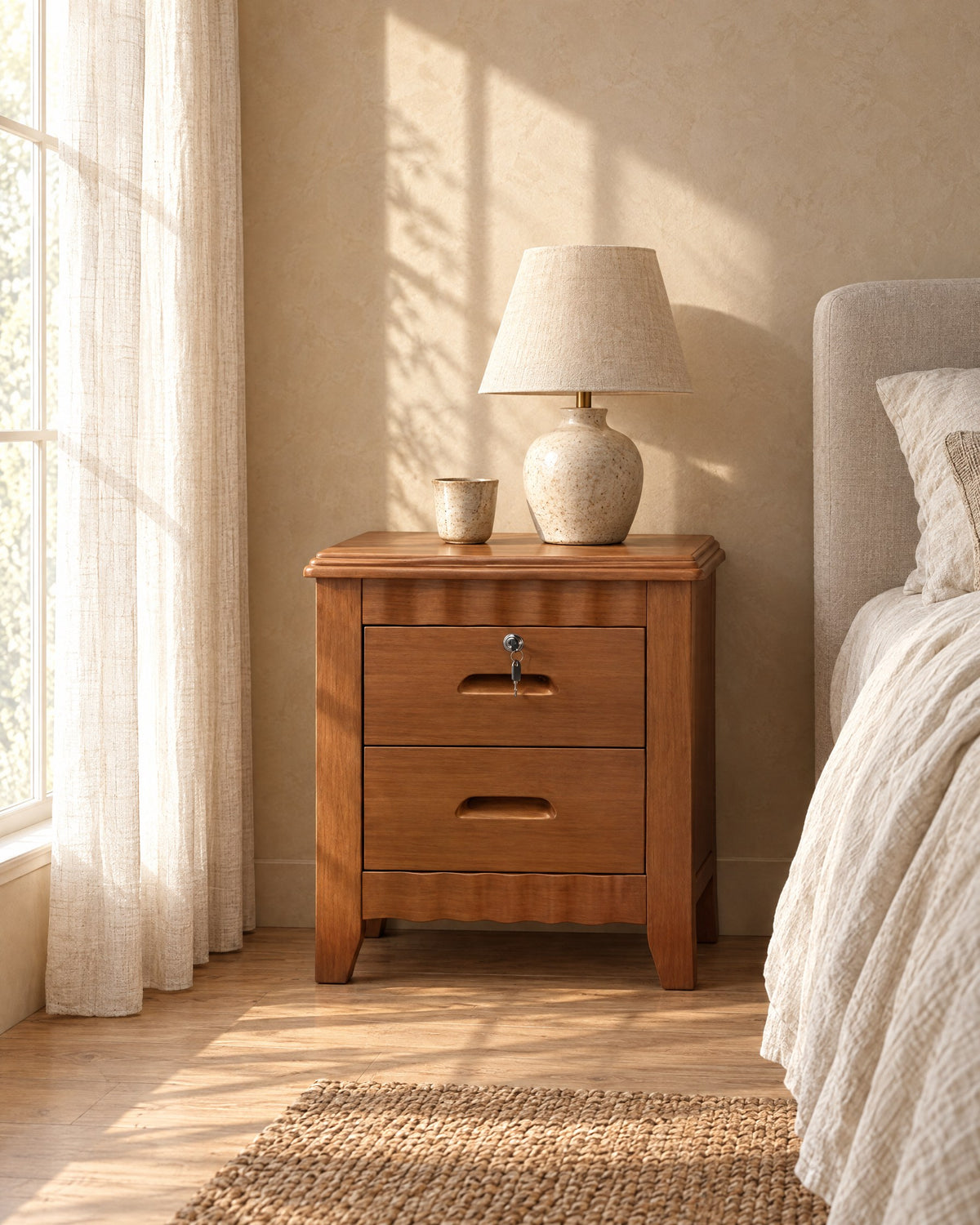 Lockable brown wooden bedside table with two drawers and scalloped rails with a ceramic lamp in morning light