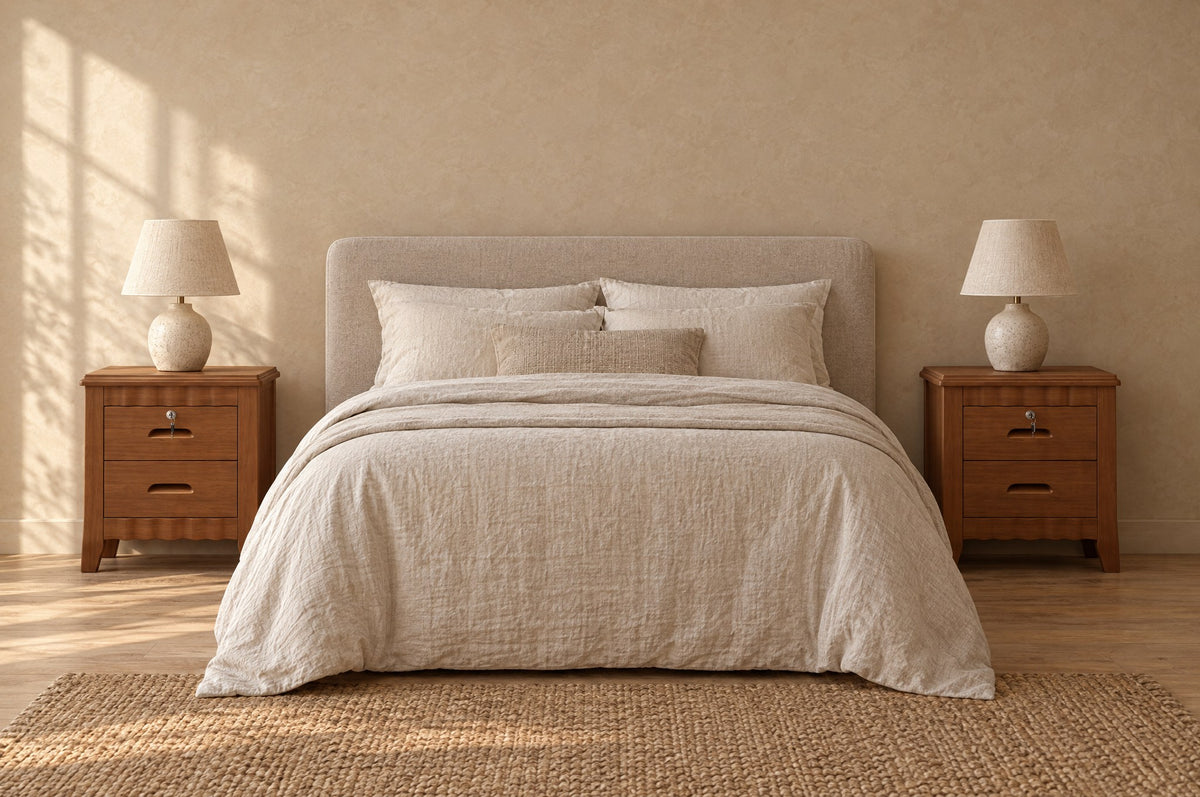 Pair of lockable brown wooden bedside tables with two drawers and scalloped rails either side of a double bed